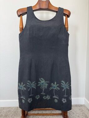 Vintage Pineapple Moon Hawaiian Palm Tree Dress Tropical Resort Midi L Coastal